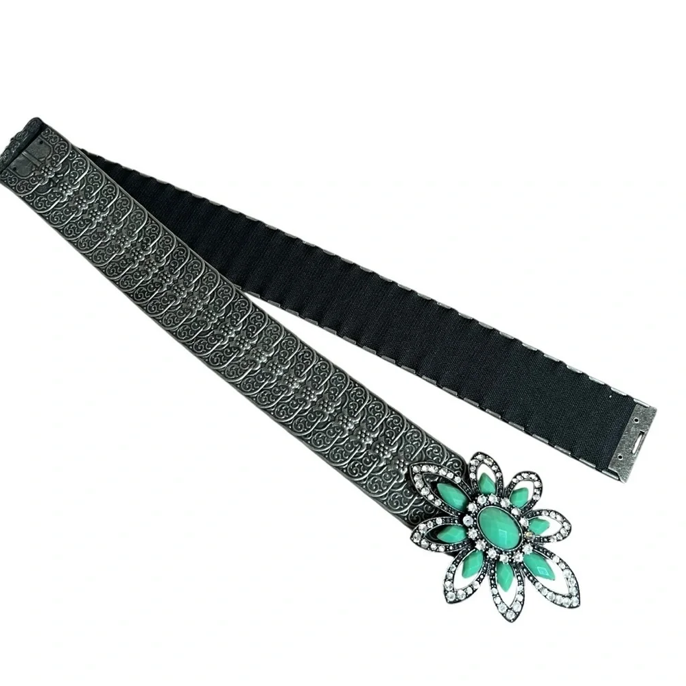 VTG 2000s Metal Stretch Statement Belt Rhinestone Flower Silver Tone Faux Jade